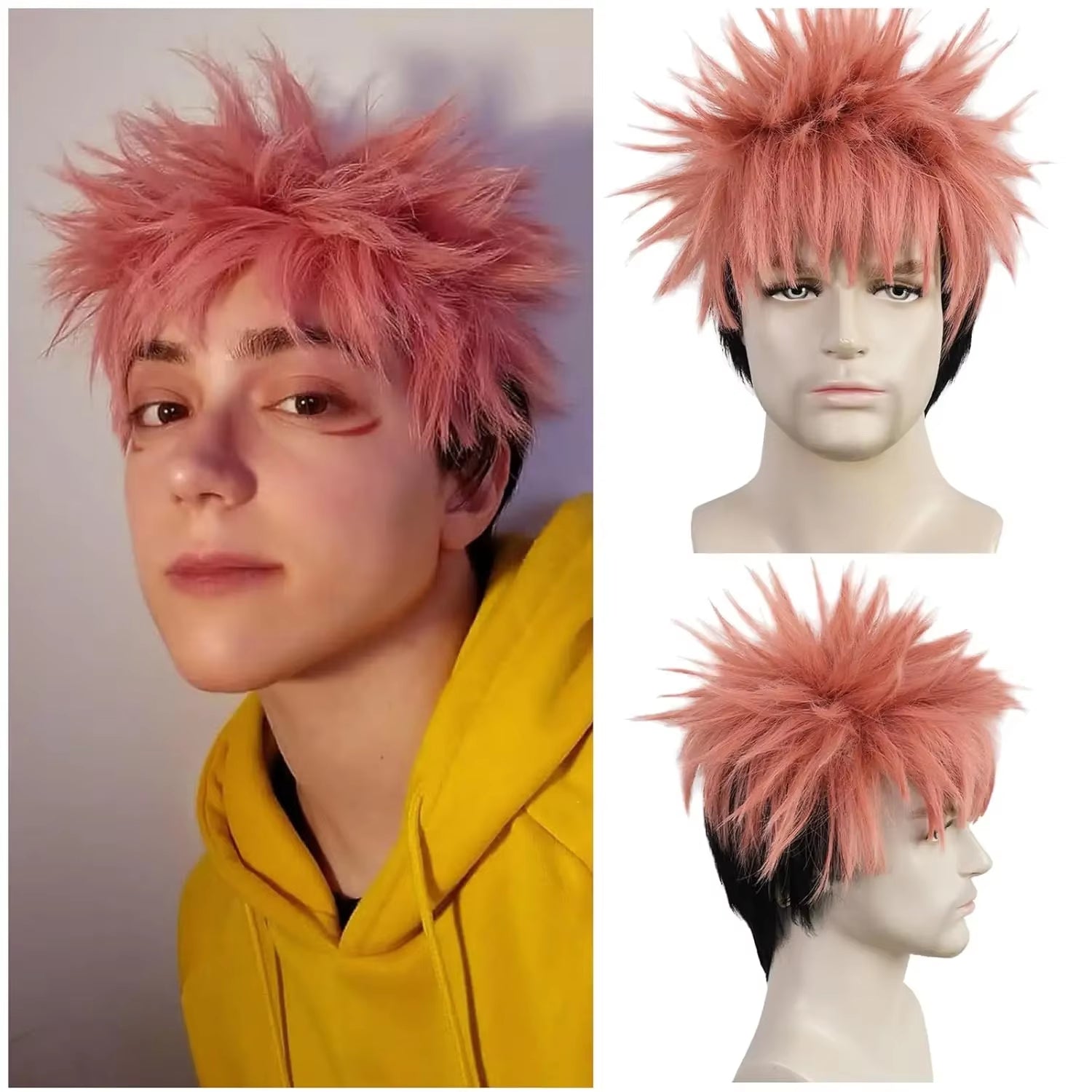 Itadori Yuji Wig Pink Black Anime Wig Boys Short Pink Wig Mens Cosplay Wig Heat Resistant Synthetic Halloween Costume Wig