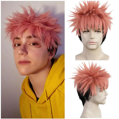 Itadori Yuji Wig Pink Black Anime Wig Boys Short Pink Wig Mens Cosplay Wig Heat Resistant Synthetic Halloween Costume Wig