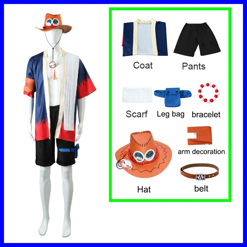 Anime One Piece Portgas D Ace Cosplay Costume Coat Shorts Hat Suit Carnival Party Performance Christmas Adult Kimono Uniform