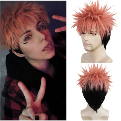 Itadori Yuji Wig Pink Black Anime Wig Boys Short Pink Wig Mens Cosplay Wig Heat Resistant Synthetic Halloween Costume Wig