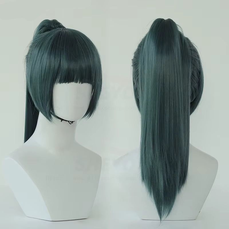 Anime Cosplay Maki Zenin Wigs Dark Green Ponytail Heat Resistant Synthetic Hair Cosplay Wig + Wig Cap + Glasses