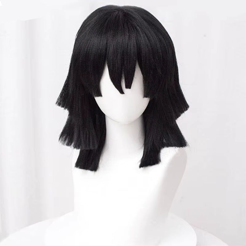 High Quality Iguro Obanai Cosplay Wig Short Black Styled Heat Resistant Hair Anime Wigs + Wig Cap