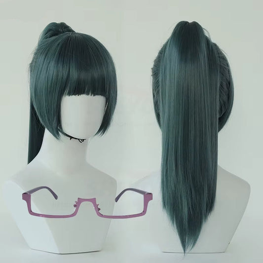 Anime Cosplay Maki Zenin Wigs Dark Green Ponytail Heat Resistant Synthetic Hair Cosplay Wig + Wig Cap + Glasses