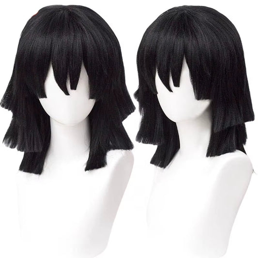 High Quality Iguro Obanai Cosplay Wig Short Black Styled Heat Resistant Hair Anime Wigs + Wig Cap